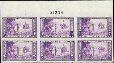 c1935 - #755 Wisconsin - Imperf Plate Block of 6 - MNH
