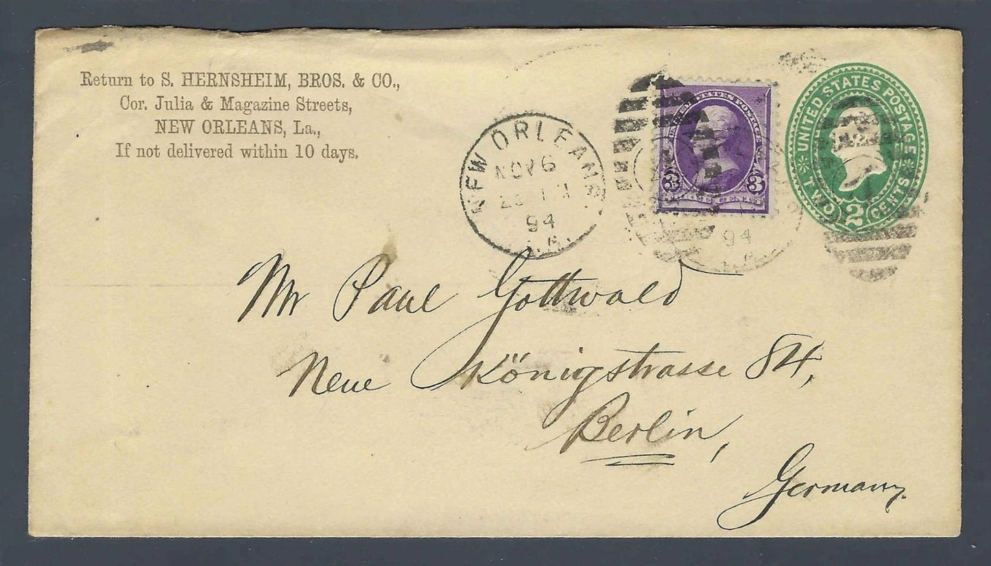 1894 New Orleans Germany Uprated Stationery Hernsheim Bros Tobacco Cover