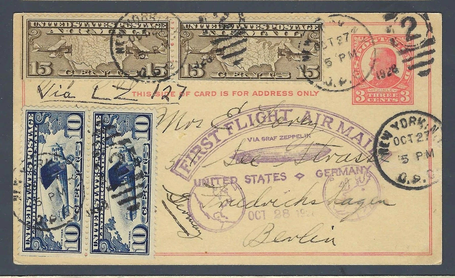 1928 Graf Zeppelin LZ-127 Postal Card Berlin 53c Scott C8 C10 Pairs Backstamp