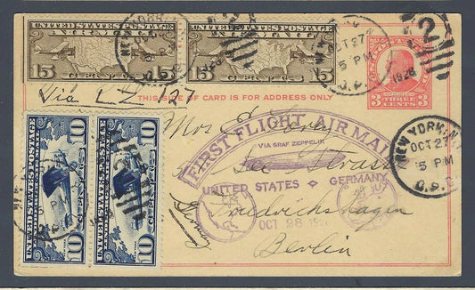 1928 Graf Zeppelin LZ-127 Postal Card Berlin 53c Scott C8 C10 Pairs Backstamp