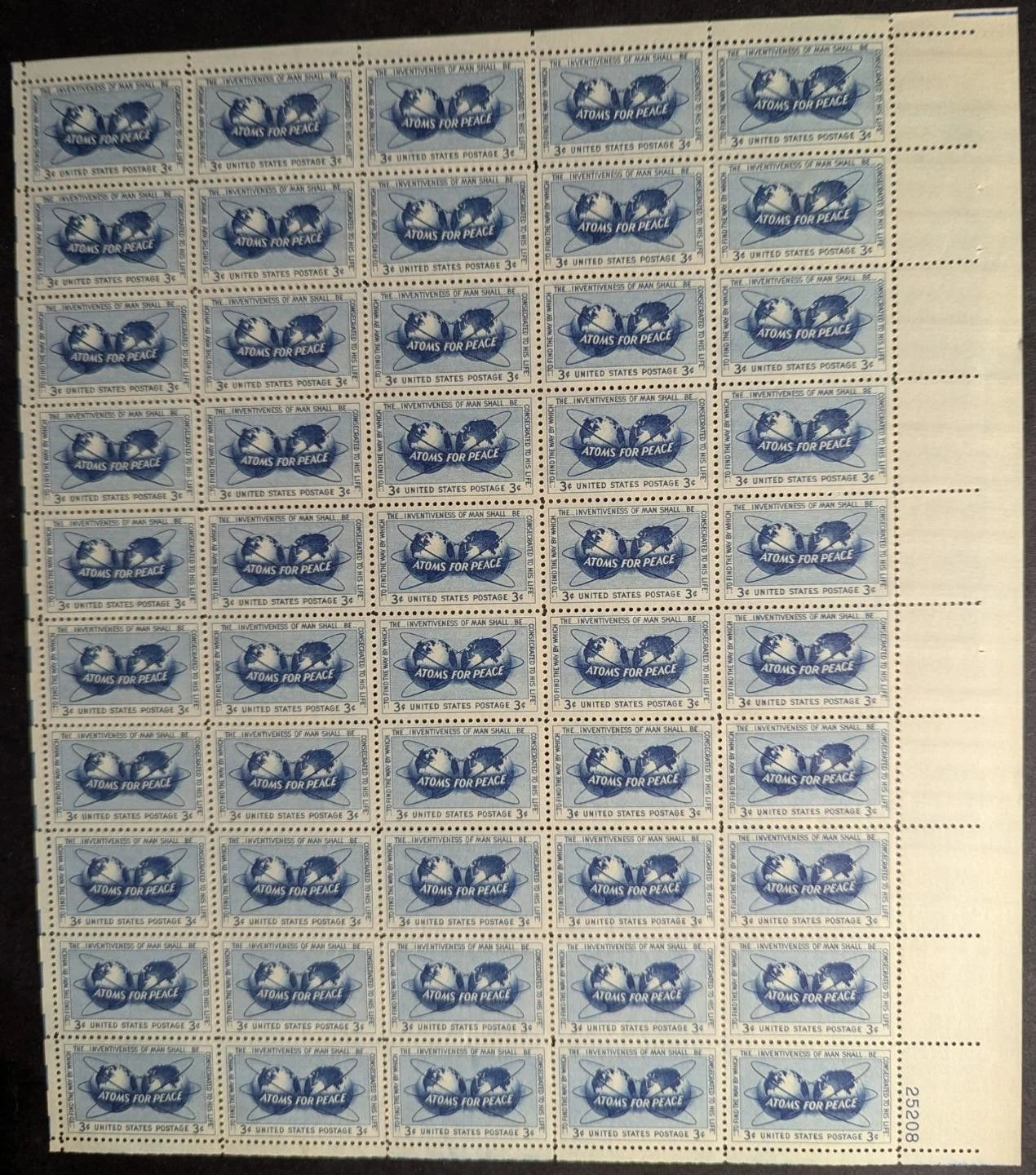1955 USA 3c Atoms Peace Sheet -Scott 1070 -MNH, Undisturbed OG - No Sig Flaws