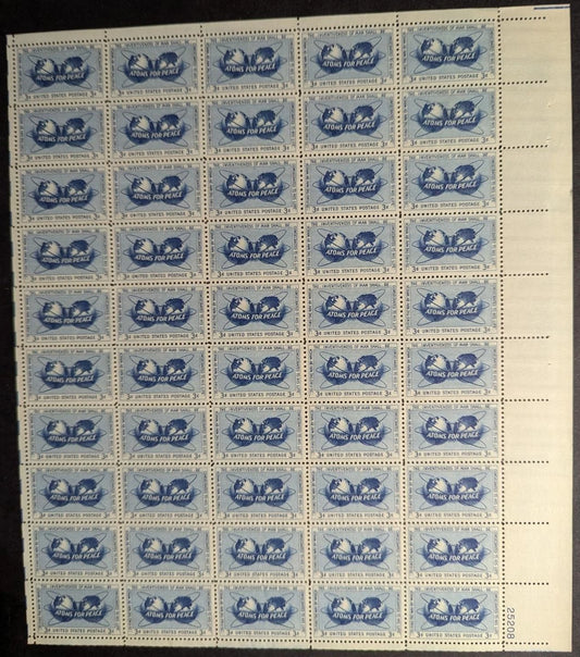 1955 USA 3c Atoms Peace Sheet -Scott 1070 -MNH, Undisturbed OG - No Sig Flaws