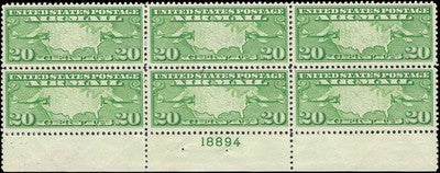 c1926 - #C9 20c Mail Planes Plate # Block of 6 - MNH, OG -Solid -Nice Centering