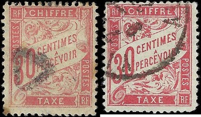 c1894 France Postage - Scott J34 &, J35 Showing Contrast -Bent Perf - Cat= $85.25
