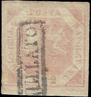 VEGAS - 1858 Two Sicilies, Naples, Italy 2g Stamp - Scott 3 - Nice Margins! Crease