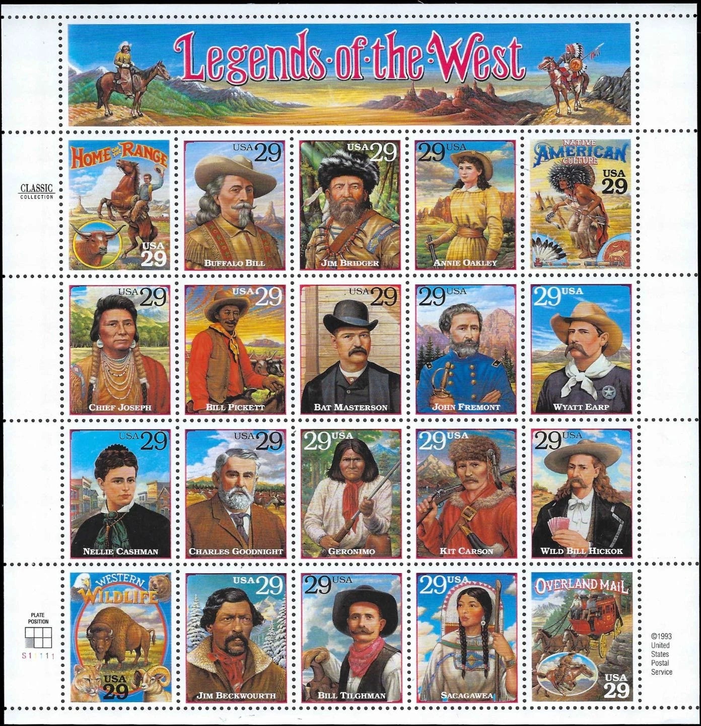 c1994 - USA Scott 2869 Legends of the West Sheet - MNH - No Significant Flaws