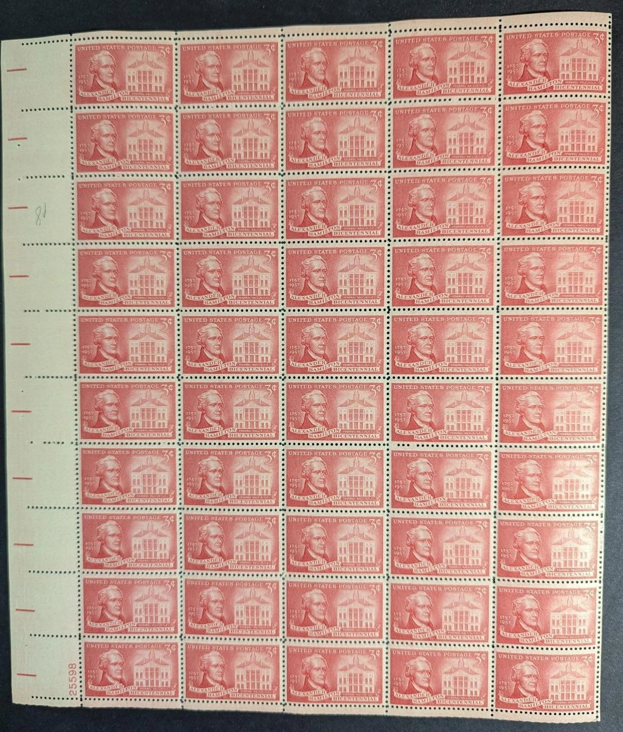 1957 USA 3c Hamilton Sheet -Scott 1086 -MNH, Undisturbed OG - No Sig Flaws