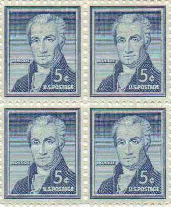 1954 James Monroe Block of 4 5c Postage Stamps, Scott 1038, MNH, OG