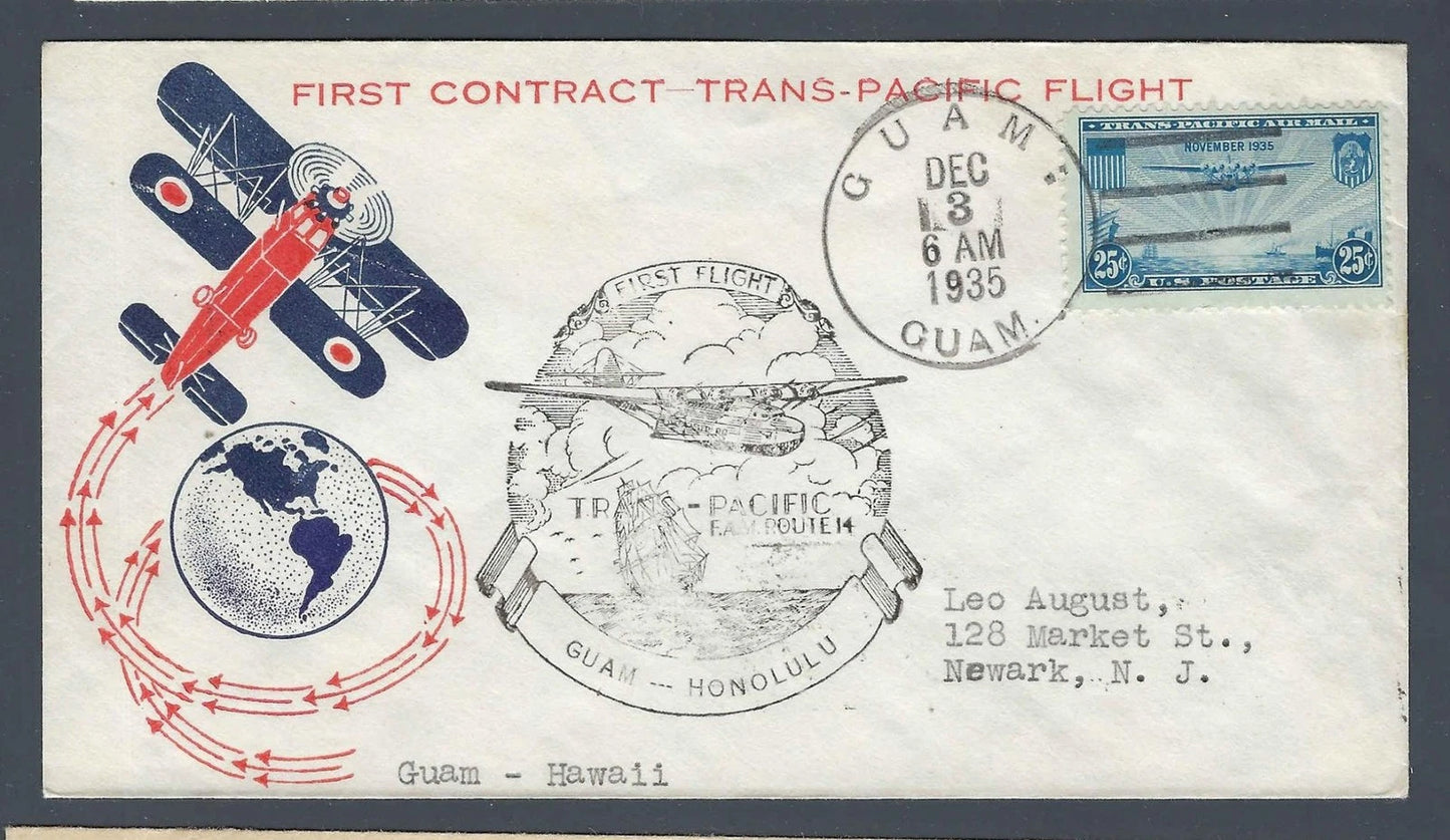 1935 FAM Route 14 First Flight Cover Guam to Honolulu C20 Biplane Cachet