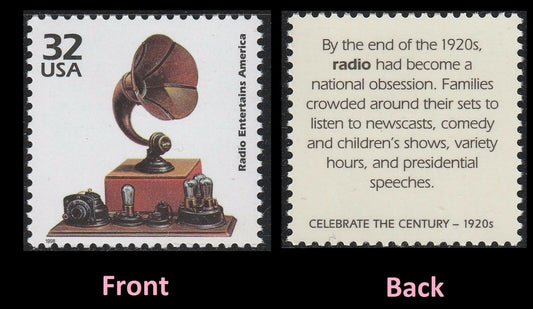 1998 Celebrate the 1920s Radio Entertains Single 33c Stamp, Scott 3184i, MNH, OG