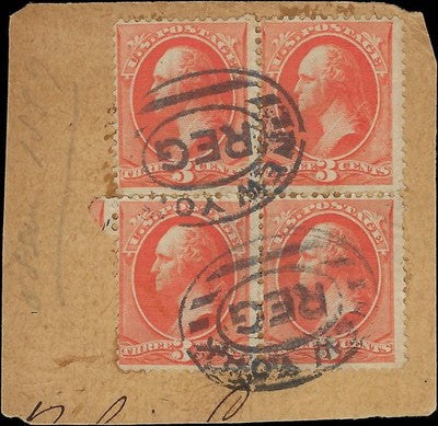 c1887 USA Block of Four - Sc# 214 - Used, On Paper