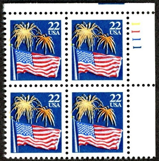 1987 US Flag & Fireworks Plate Block of 4 22c Postage Stamps, Scott2276, MNH, OG