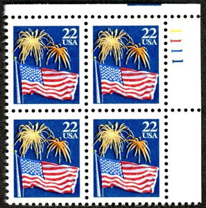 1987 US Flag & Fireworks Plate Block of 4 22c Postage Stamps, Sc#2276, MNH, OG