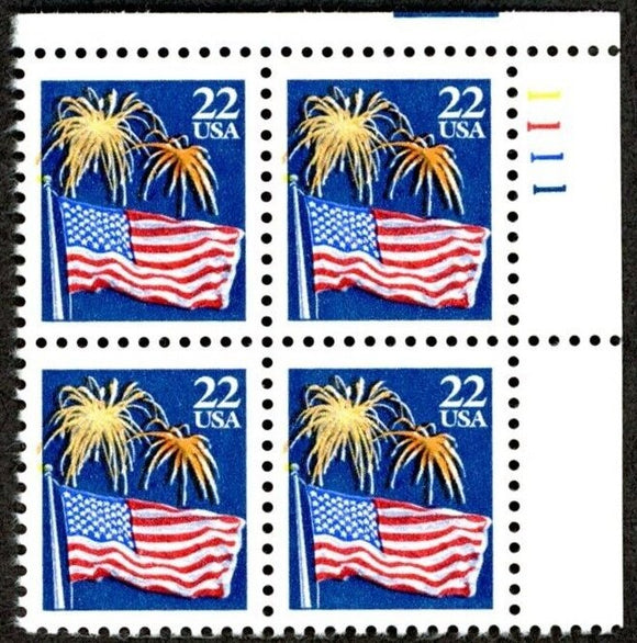 1987 US Flag & Fireworks Plate Block of 4 22c Postage Stamps, Sc#2276, MNH, OG
