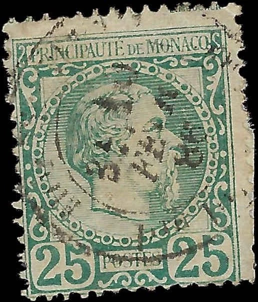 1885 Monaco 25c - Scott & SG 6 - Used - Partly on Paper - Trimmed Perfs