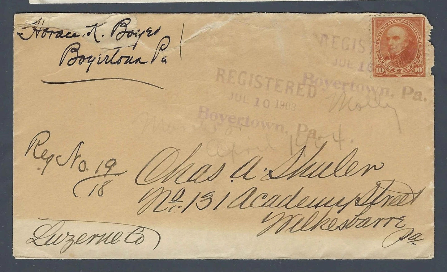 1903 Registered Cover Boyertown PA to Wilkes-Barre PA 10c Webster