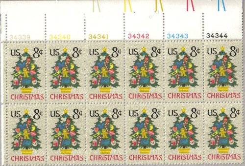 1973 Christmas Tree Plate Block of 12 8c Postage Stamps, Scott1508, MNH, OG