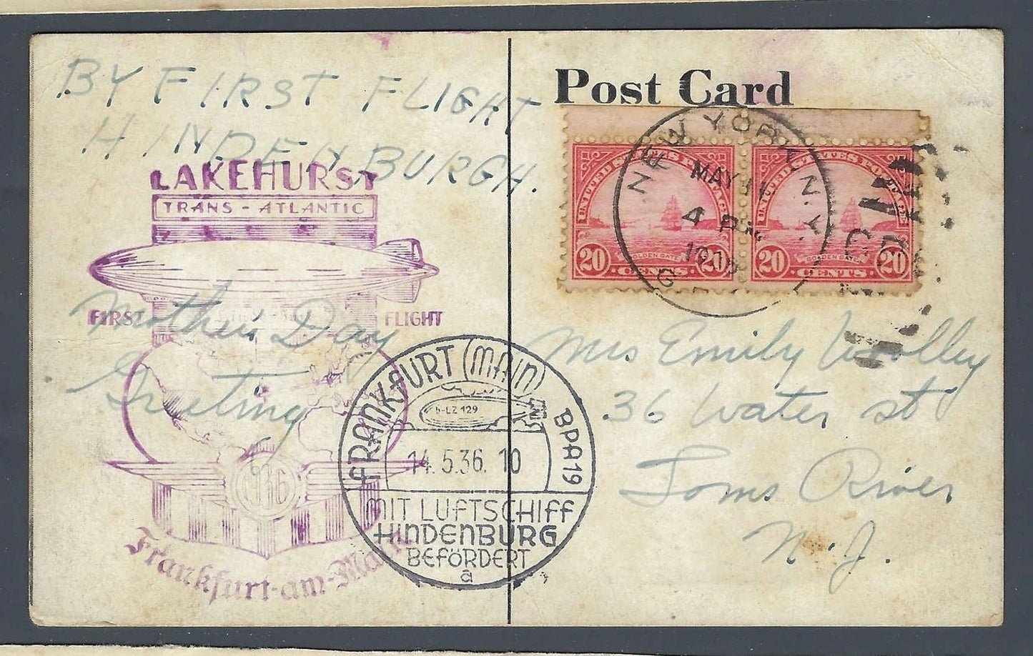 1936 Hindenburg First Flight Zeppelin Postcard LZ-129 Lakehurst Trans-Atlantic