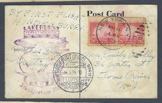 1936 Hindenburg First Flight Zeppelin Postcard LZ-129 Lakehurst Trans-Atlantic