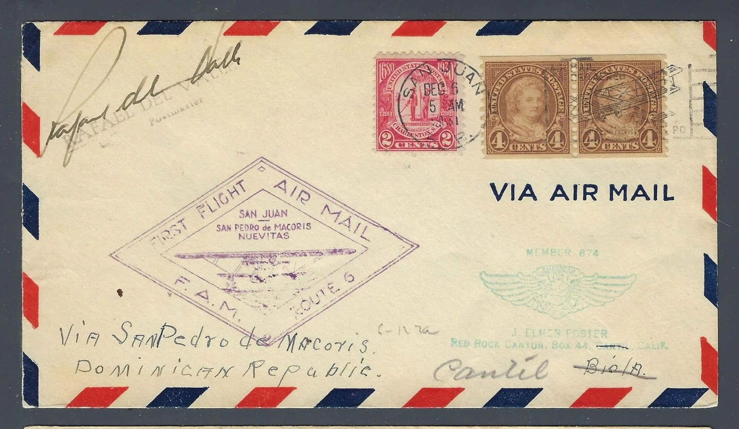 1931 FAM 6 First Flight Cover San Juan Puerto Rico to San Pedro de Macoris DR