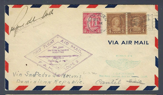 1931 FAM 6 First Flight Cover San Juan Puerto Rico to San Pedro de Macoris DR