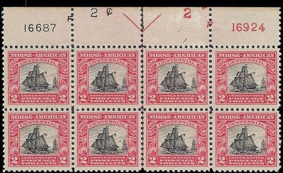 c1925 - Scott 620 2c Norse American Plate # Block of 8 - VLH - OG