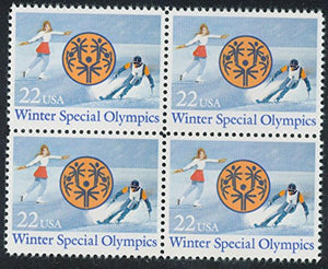 1985 Winter Special Olympics Block of 4 22c Postage Stamps, Sc#2142, MNH, OG