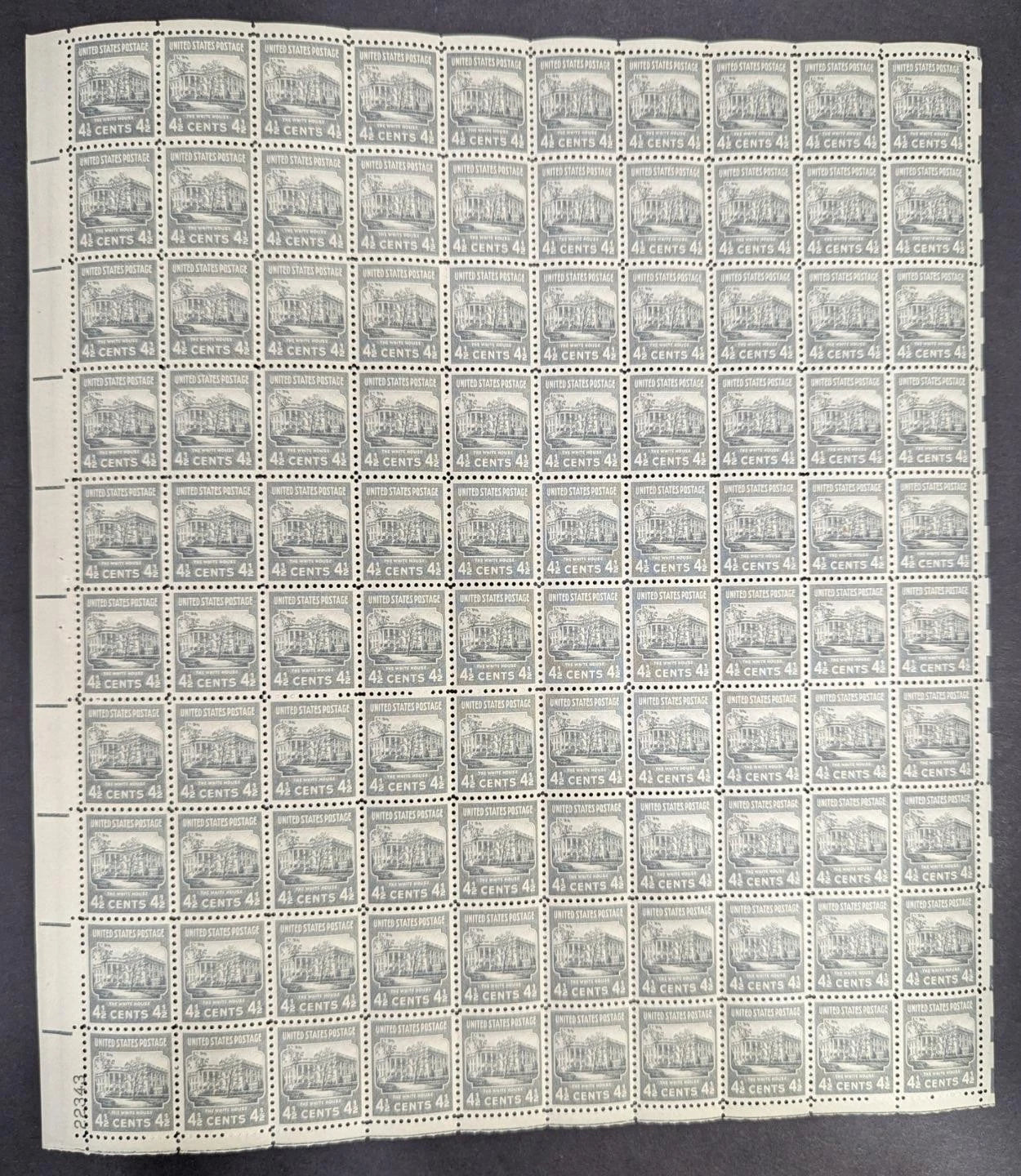 1938 USA White House 4 1/2c Sheet - Scott 809 -MNH, Undisturbed OG -Sm Corner Cr
