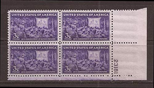 1944 Motion Pictures Plate Block of 4 3c Postage Stamps, Scott 926, MNH, OG