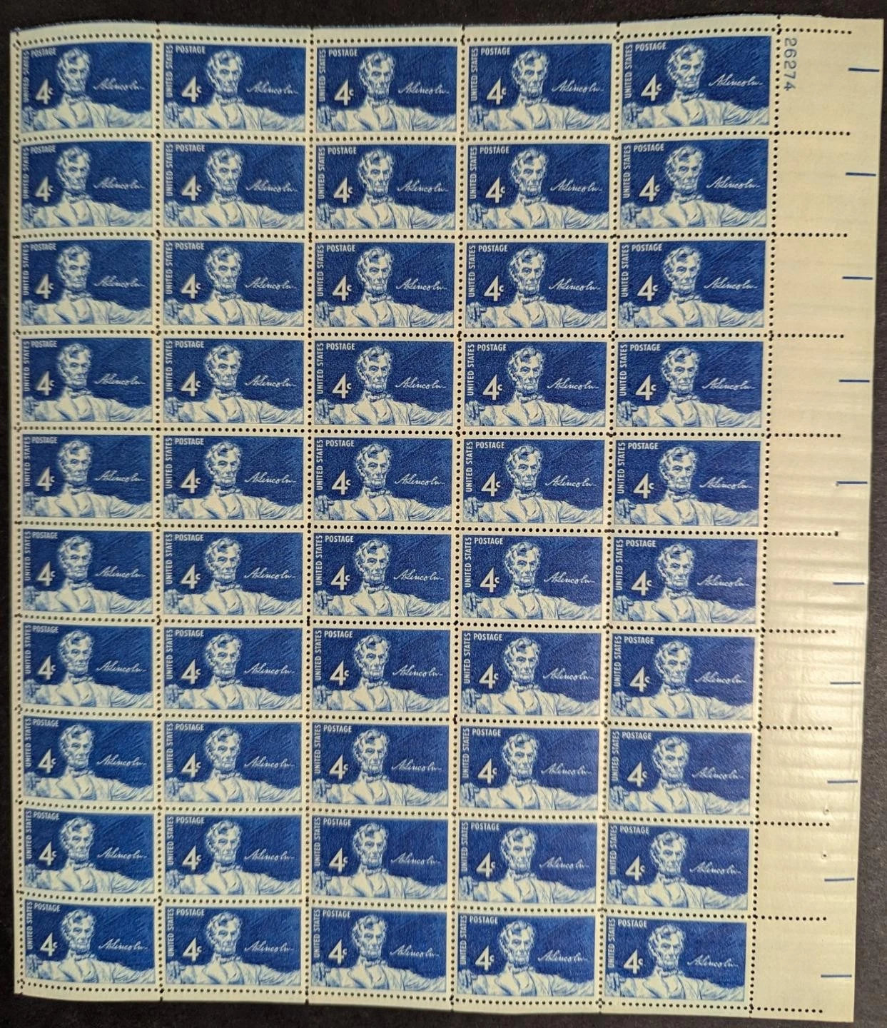 1959 USA 4c Abe Lincoln Sheet -Scott 1116 -MNH, Undisturbed OG -No Sig Flaws