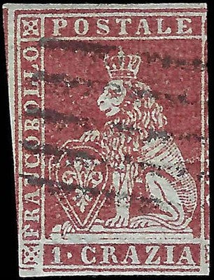 1851-52 Tuscany Italy 1 Crazia Stamp - Scott 4 - Cat= $145 - FV624