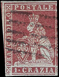 1851-52 Tuscany Italy 1 Crazia Stamp - Sc# 4 - Cat= $145 - FV624