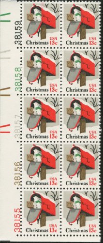 1977 Christmas Mailbox Plate Block of 10 13c Postage Stamps, Scott1730, MNH, OG