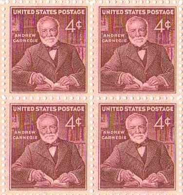 1960 Andrew Carnegie Block of 4 4c Postage Stamps, Scott 1171, MNH, OG