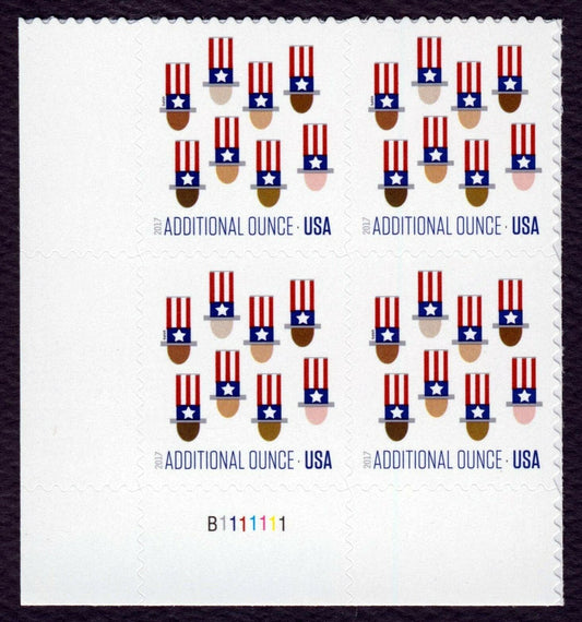 2017 Uncle Sam Hats Plate Block of 4 Additional Ounce Stamps, Scott 5174, MNH, OG