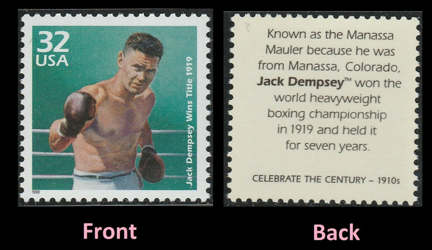 1998 The 1910s Jack Dempsey Single 33c Postage Stamp, Scott 3183m, MNH, OG
