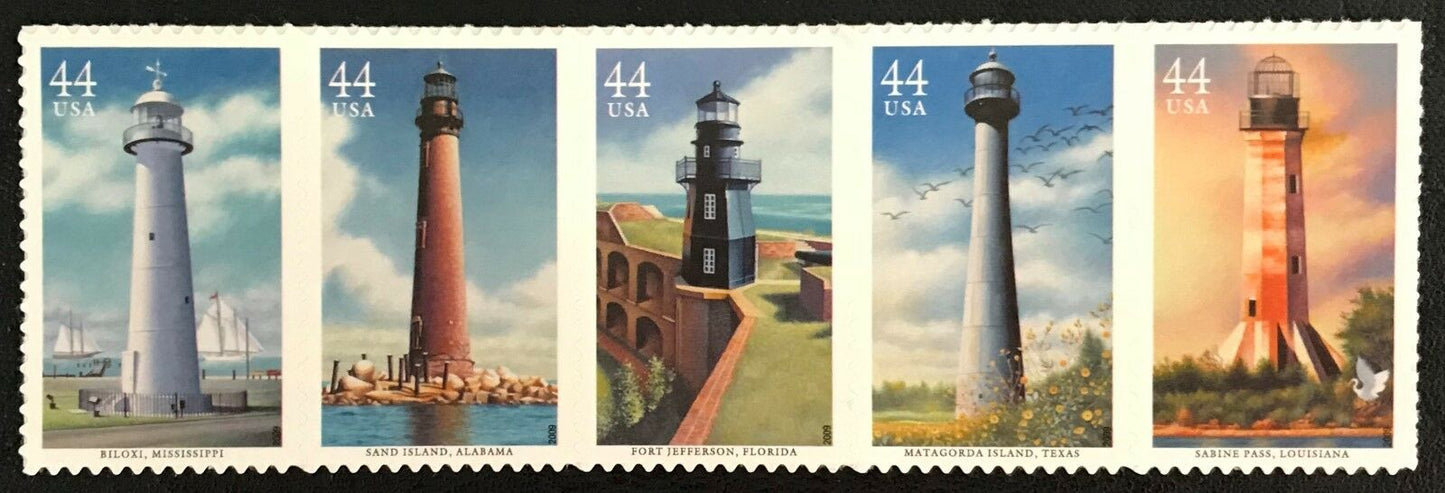2009 Gulf Coast Lighthouses Strip of 5 44c Postage Stamps, Scott4409-4413, MNH, OG