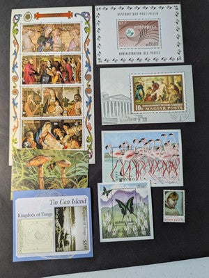 Box of Misc International Stamps, Souvenir Sheets & More - 86 Photos