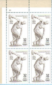 1996 Olympics Discus Thrower Plate Block of 4 32c Stamps - Sc# 3087 - MNH,OG
