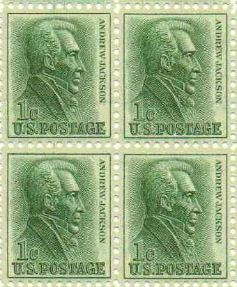 1963 Andrew Jackson Block of 4 1c Postage Stamps, Scott1209, MNH, OG