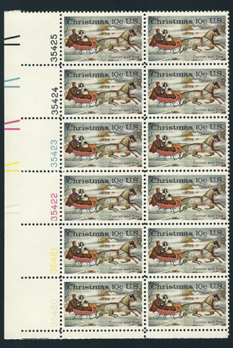 1974 Currier & Ives Christmas Plate Block Of 12 10 Cent Stamps, Scott1551, MNH, OG