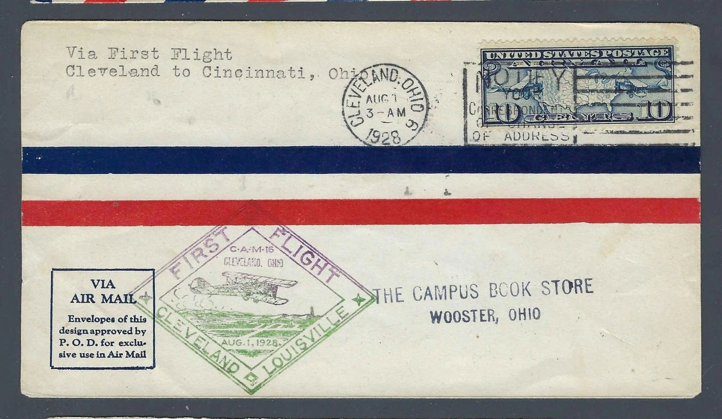 1928 First Flight CAM-16 Cleveland to Louisville Cover Wooster Ohio