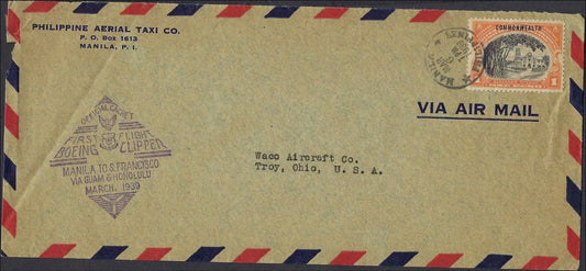 1939 Manila First Flight Boeing Clipper Cover to Waco Aircraft Co