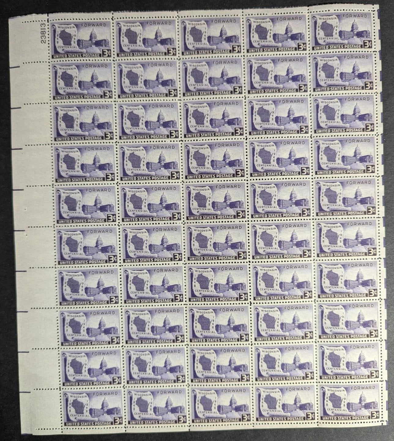 1948 USA Wisconsin 3c Sheet -Scott 957 -MNH, Undisturbed OG - No Sig Flaws-2