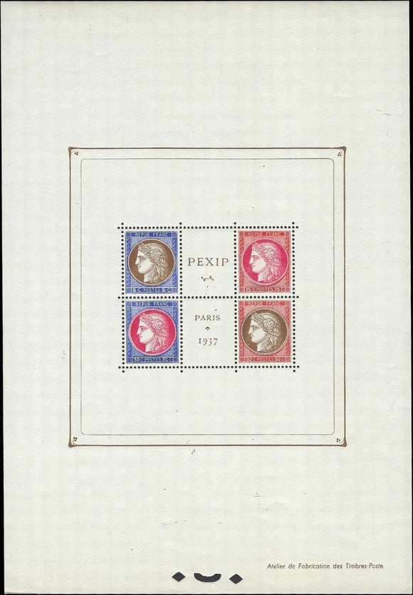 1937 France Scott #329 Souvenir Sheet - MNH OG with Some Particles Stuck to Gum