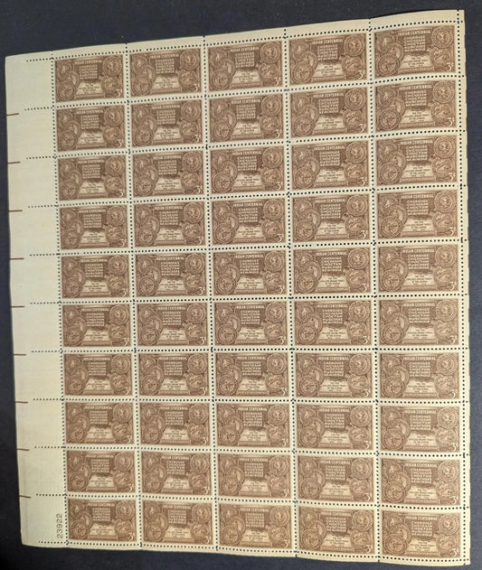 1948 USA Indian Centenn 3c Sheet -Scott 972 -MNH, Undisturbed OG -No Sig Flaws-2
