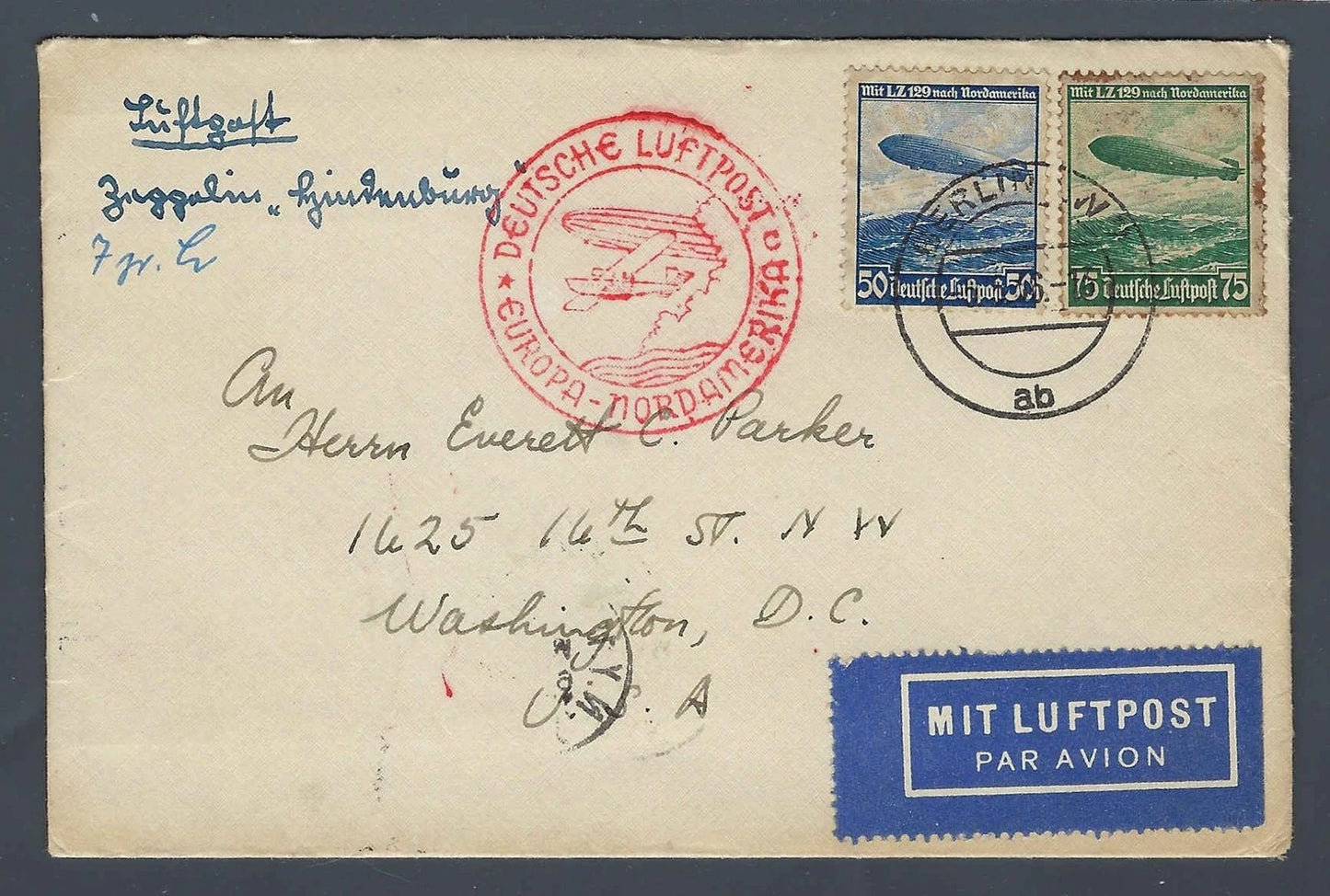 1936 Hindenburg Cover Germany to Washington DC Michel 606 607 w/Original Letter