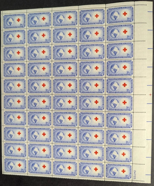 1952 USA Red Cross 3c Sheet -Scott 1016 -MNH, Undisturbed OG -No Sig Flaws