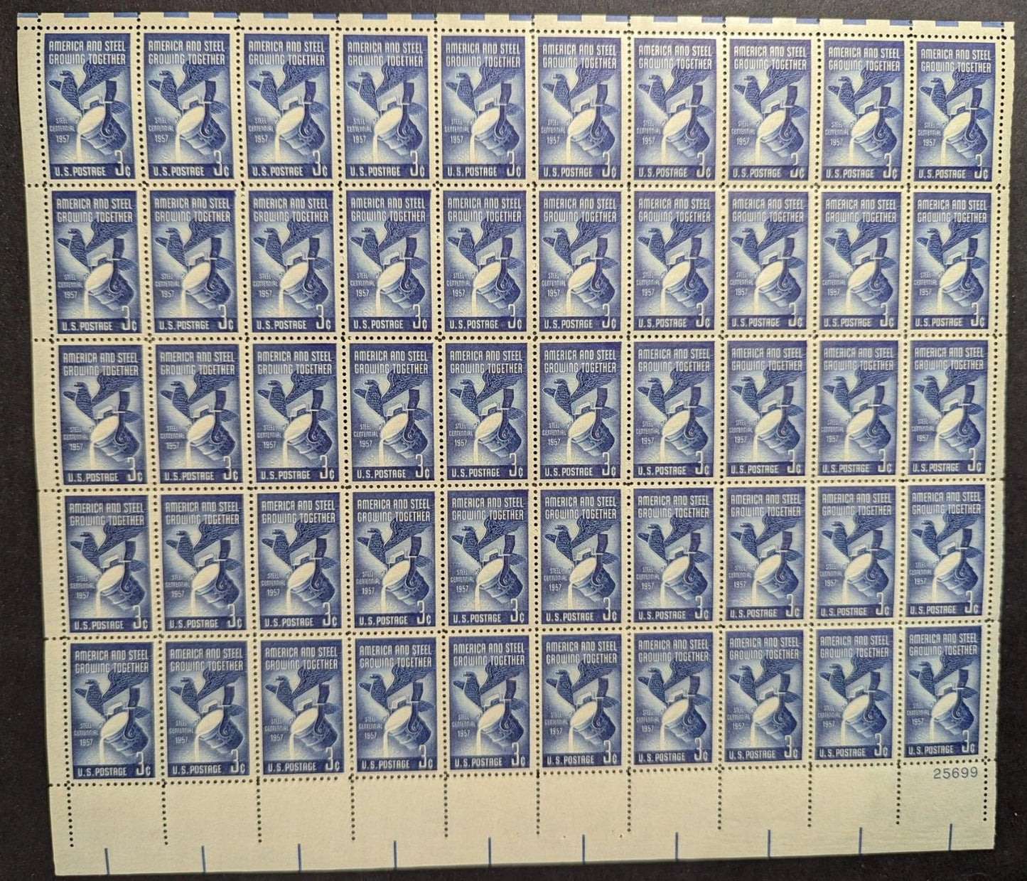 1957 USA 3c Steel Industry Sheet -Scott 1090 -MNH, Undisturbed OG -No Sig Flaws