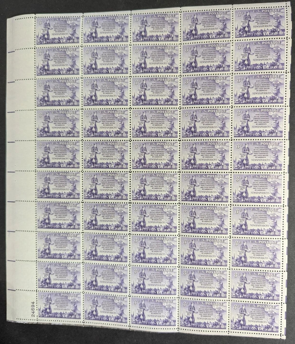 1952 USA Newspaper Boy 3c Sheet -Scott 1015 -MNH, Undisturbed OG -No Sig Flaws
